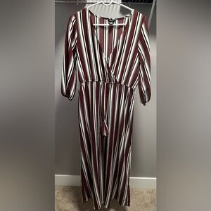 RUE 21 size LARGE maroon,white & black striped maxi romper with shorts.